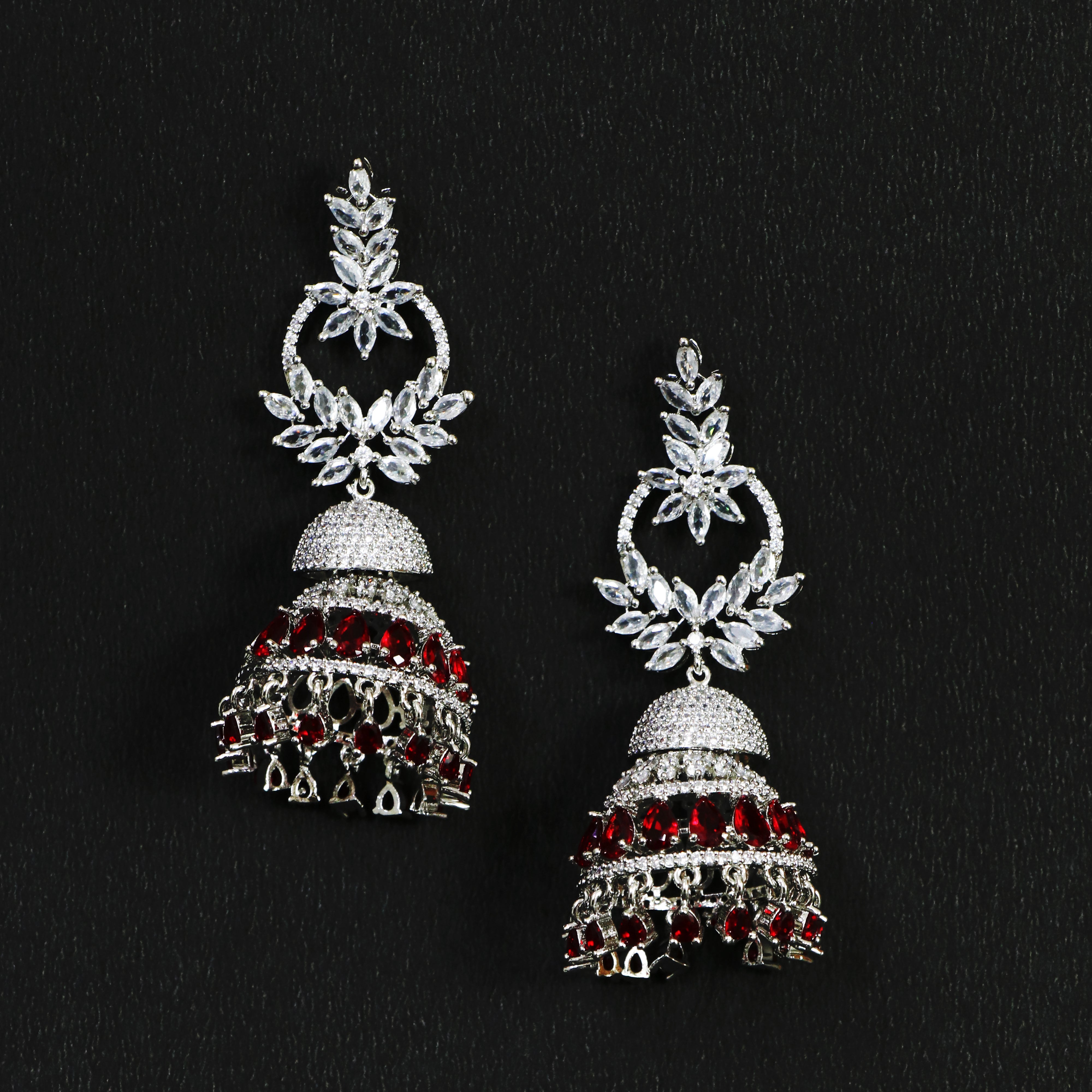 Ruby and White Jhumka Earrings