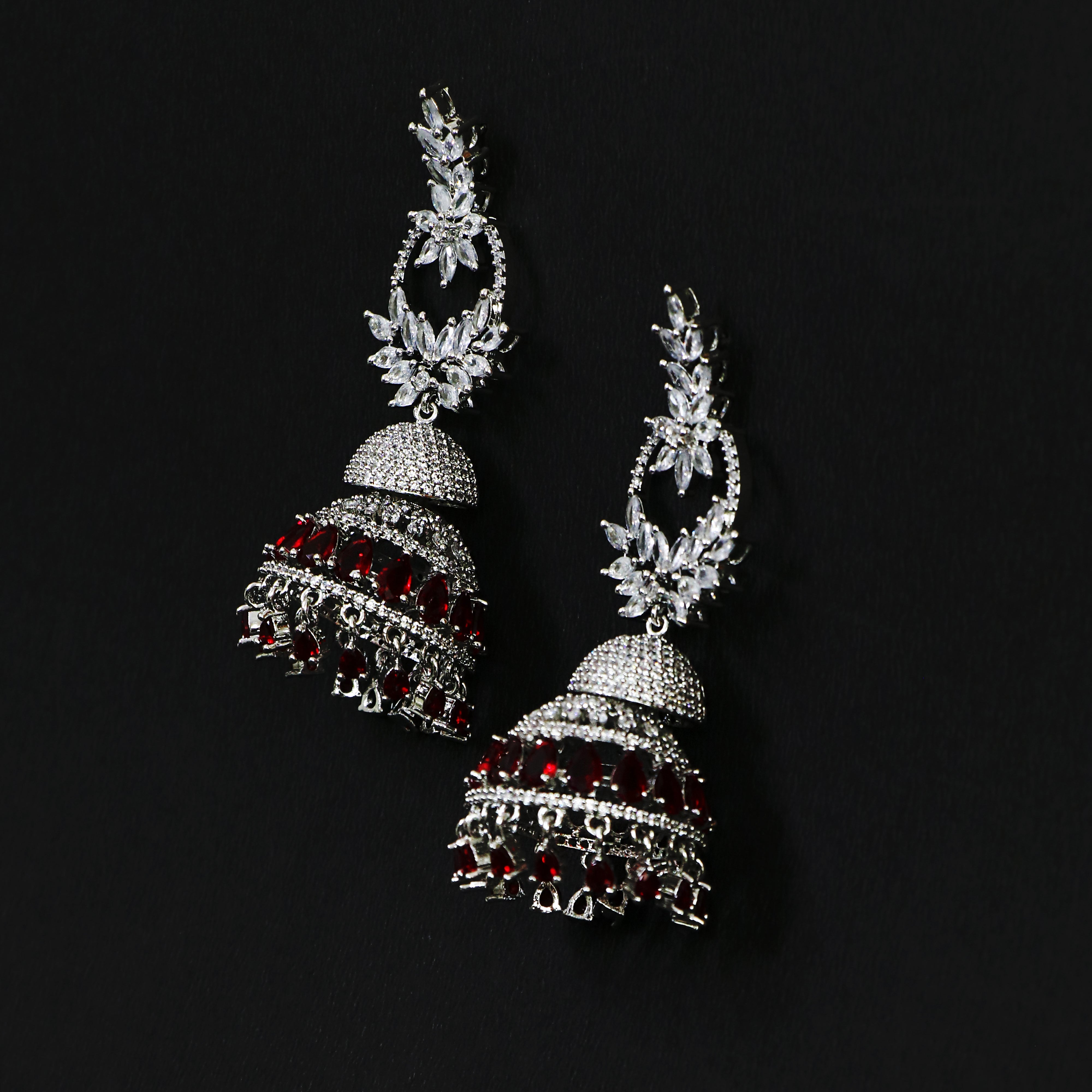 Ruby and White Jhumka Earrings