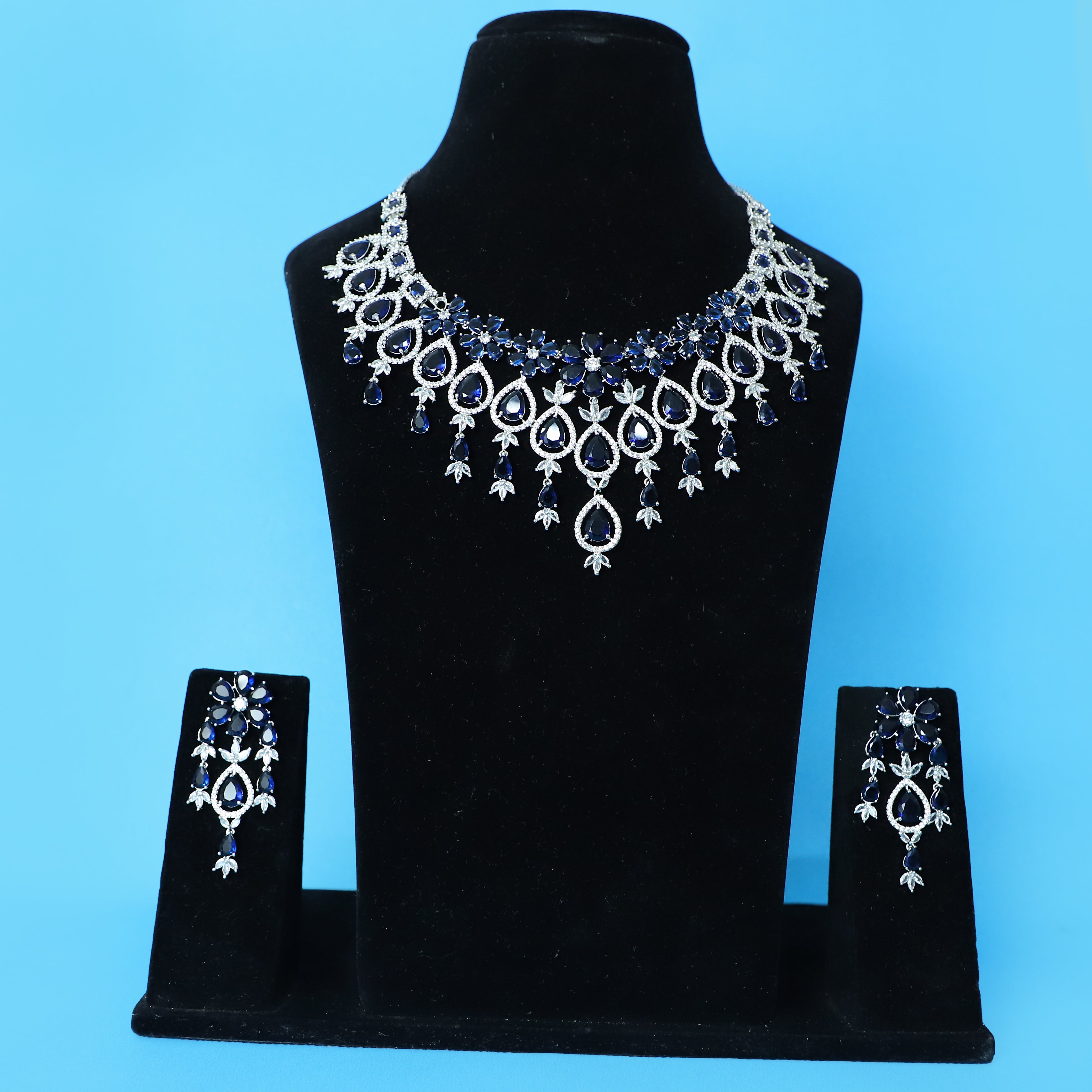 Sapphire Floral Necklace and Earrings Set