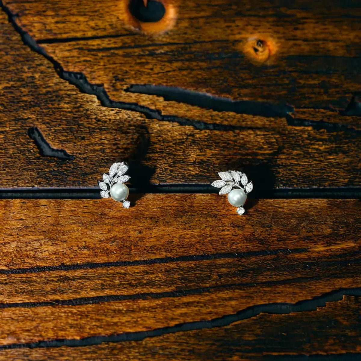 Delicate Pearl and American Diamond Leaf Studs