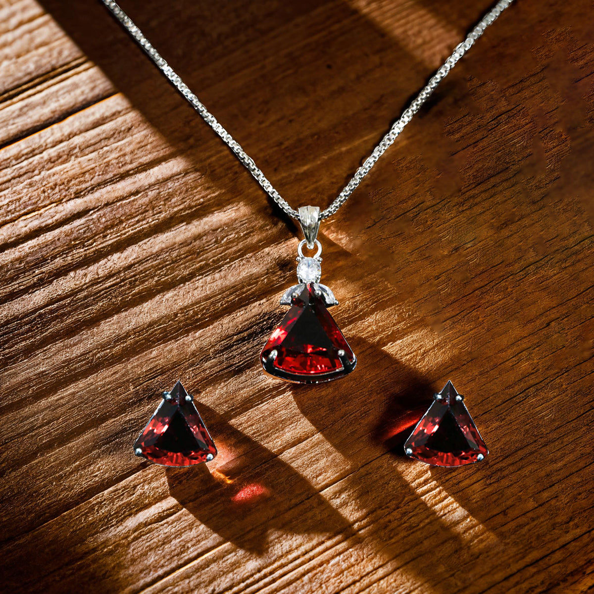 Radiant Garnet Trillion Pendant Set