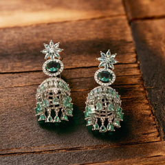 Emerald Jhumka Earrings With Floral Accents