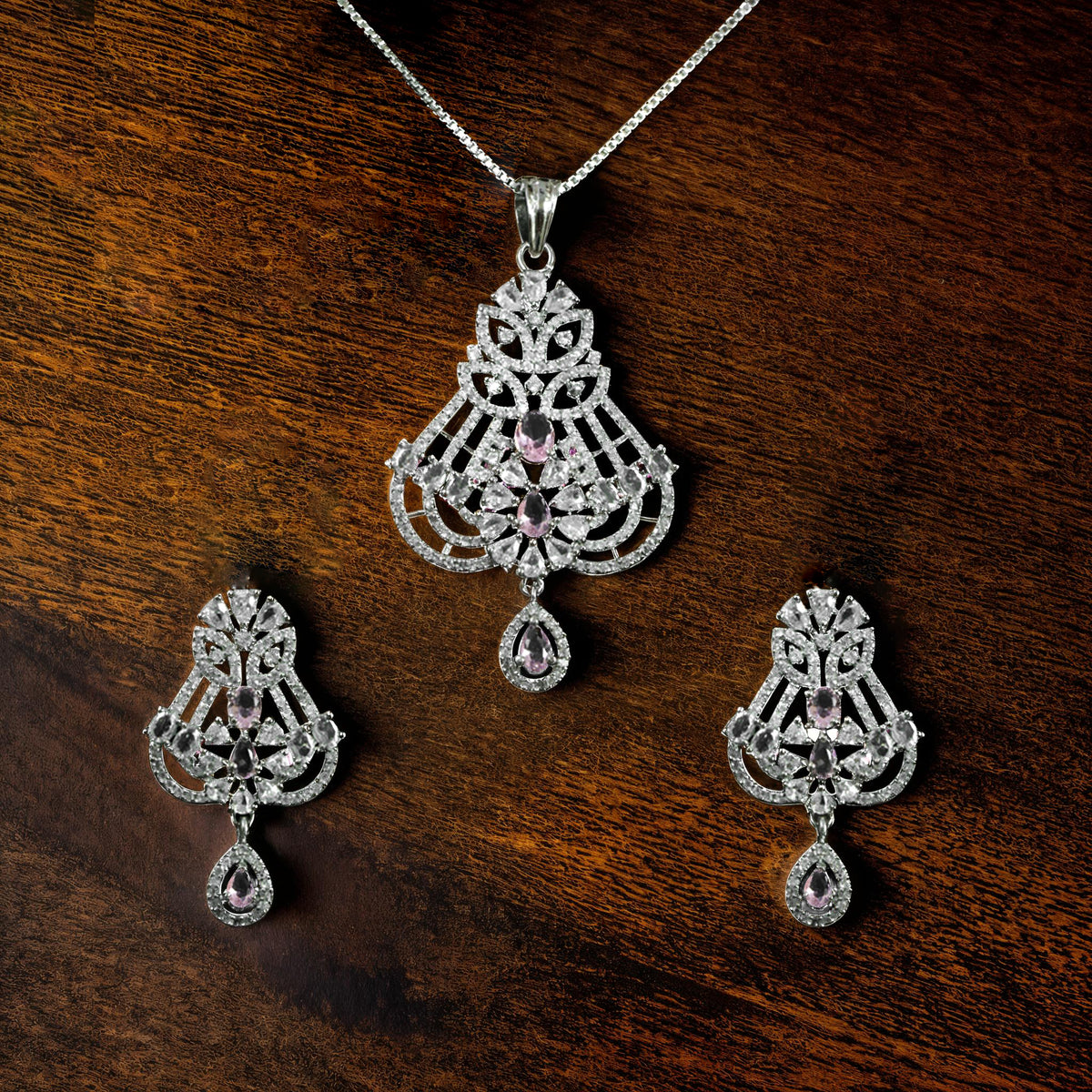 Filigree Floral Pendant Set with Pink Accents